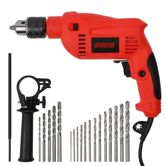 Cheston 13mm Impact Drill Machine Reversible Hammer Driver Variable Speed Screwdriver with 13HSS and 5 Wall Bits in Tool Box Case red CHD-13RE.13HSS.5WALL.BOX