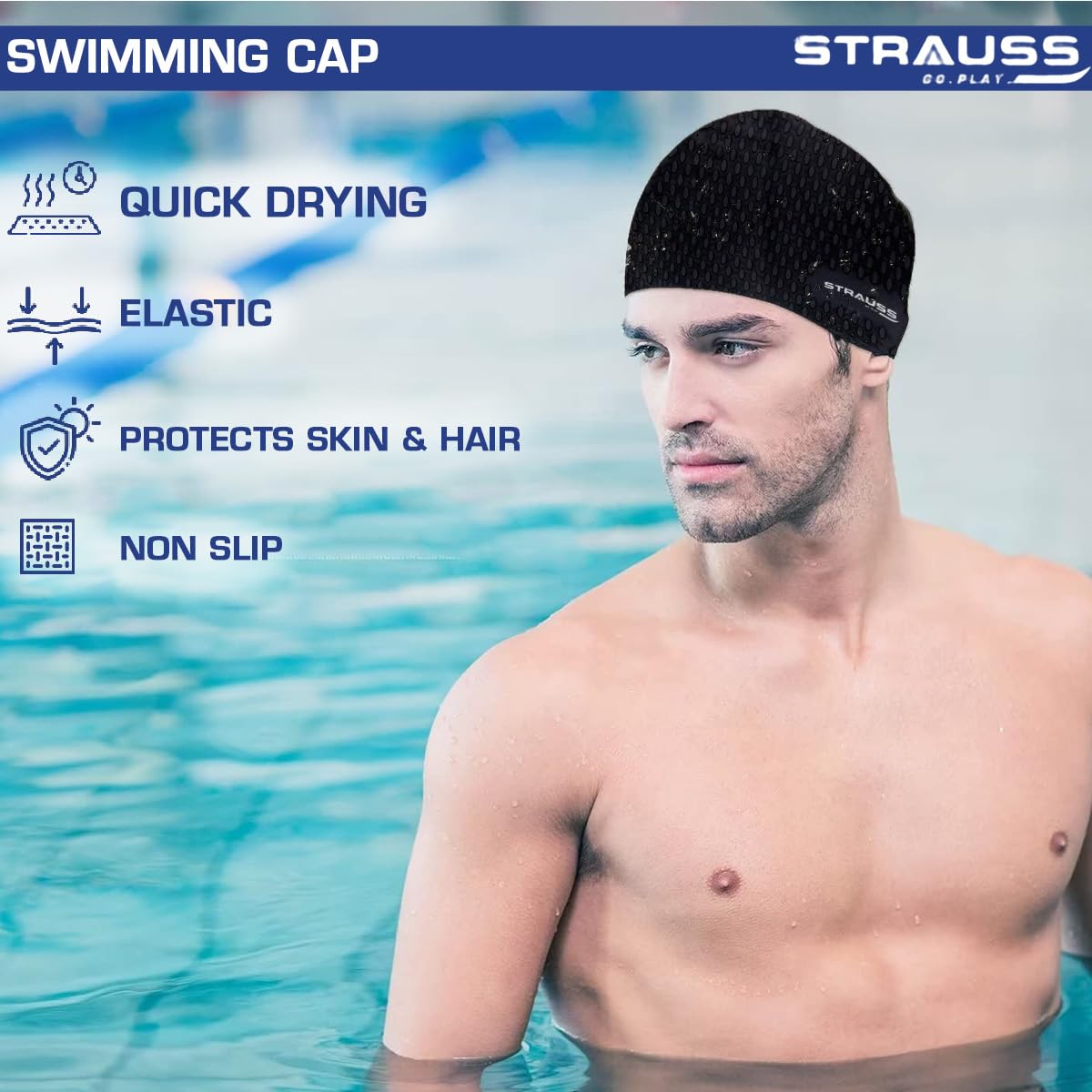 Strauss Swim Cap: Keeps hair clean, ear protector, breathable, waterproof, for kids, boys, girls, long/short hair, black.