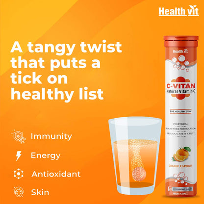 Healthvit C-Vitan N: Natural Vitamin C, Antioxidant Support, Boosts Immunity & Skin Health, Sugar-Free, 20 Effervescent Orange Tablets.