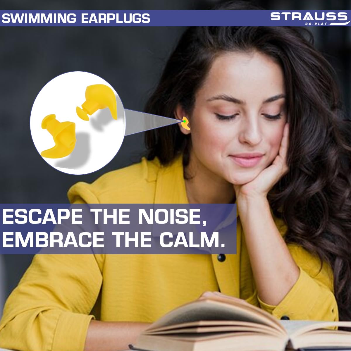 Strauss Waterproof Reusable Silicone Swimming Earplugs, Noise Cancellation, Soundproof, for Swimming, Travel, Kids & Adults, Yellow