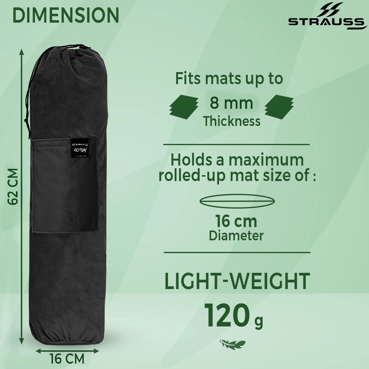 STRAUSS Velvet Yoga Mat Bag with Shoulder Strap, Washable, Durable, Side Pocket, Ideal for Men & Women, Black.