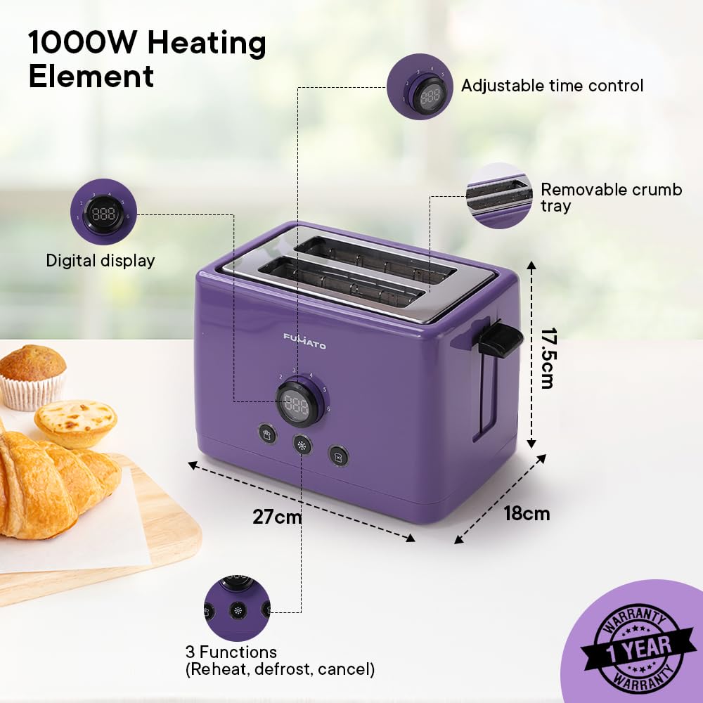 Fumato 1000W 2-Slice Toaster, Stainless Steel, 6 Heating Modes, Removable Crumb Tray, Extra Wide Slots, Cancel/Reheat/Defrost, 1 Yr Warranty, Purple