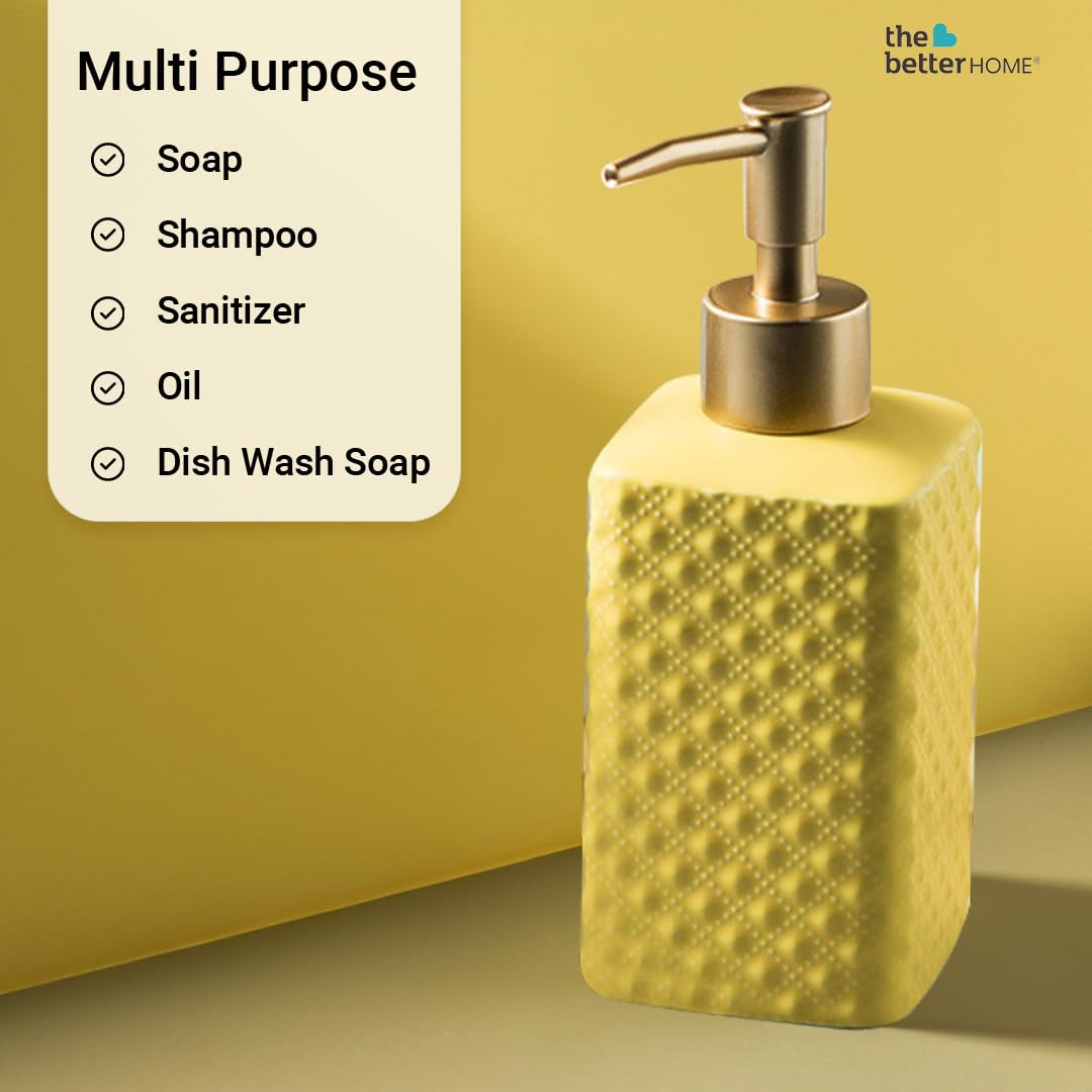 The Better Home 350ml Soap Dispenser Bottle - Yellow Ceramic Liquid Pump Dispenser for Kitchen Wash-Basin and Bathroom