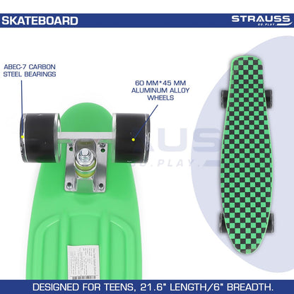 STRAUSS Cruiser Skateboard, ABEC-7 Bearings, PU Wheels with Light, Anti-Skid, 22x6", Checkered Green, Ideal for 8+ Years