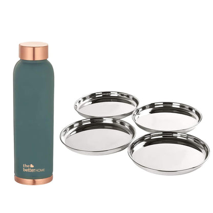 The Better Home 100 Pure Copper Water Bottle 1 Litre Teal  Savya Home 4 pcs Big Plate Set