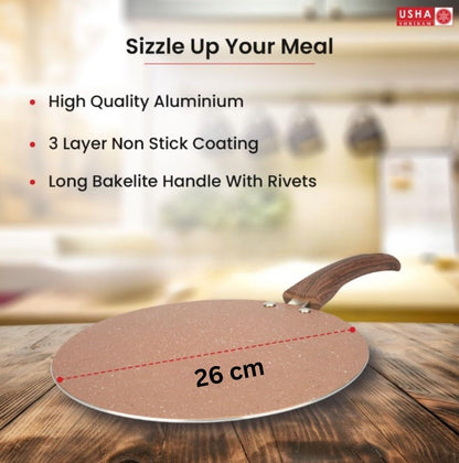 USHA SHRIRAM Non Stick Roti Tawa, 26 cm, High Grade Aluminium, Scratch Resistant, Riveted Handle, Gold.