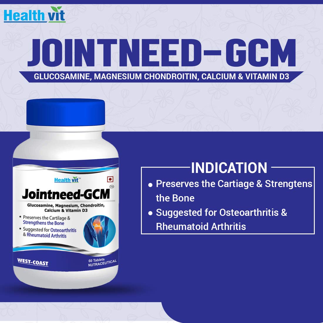 Healthvit Jointneed-GCM: Glucosamine, Magnesium, Chondroitin, Calcium, Vitamin D for Bone & Muscle Health, Joint Support - 60 Tablets