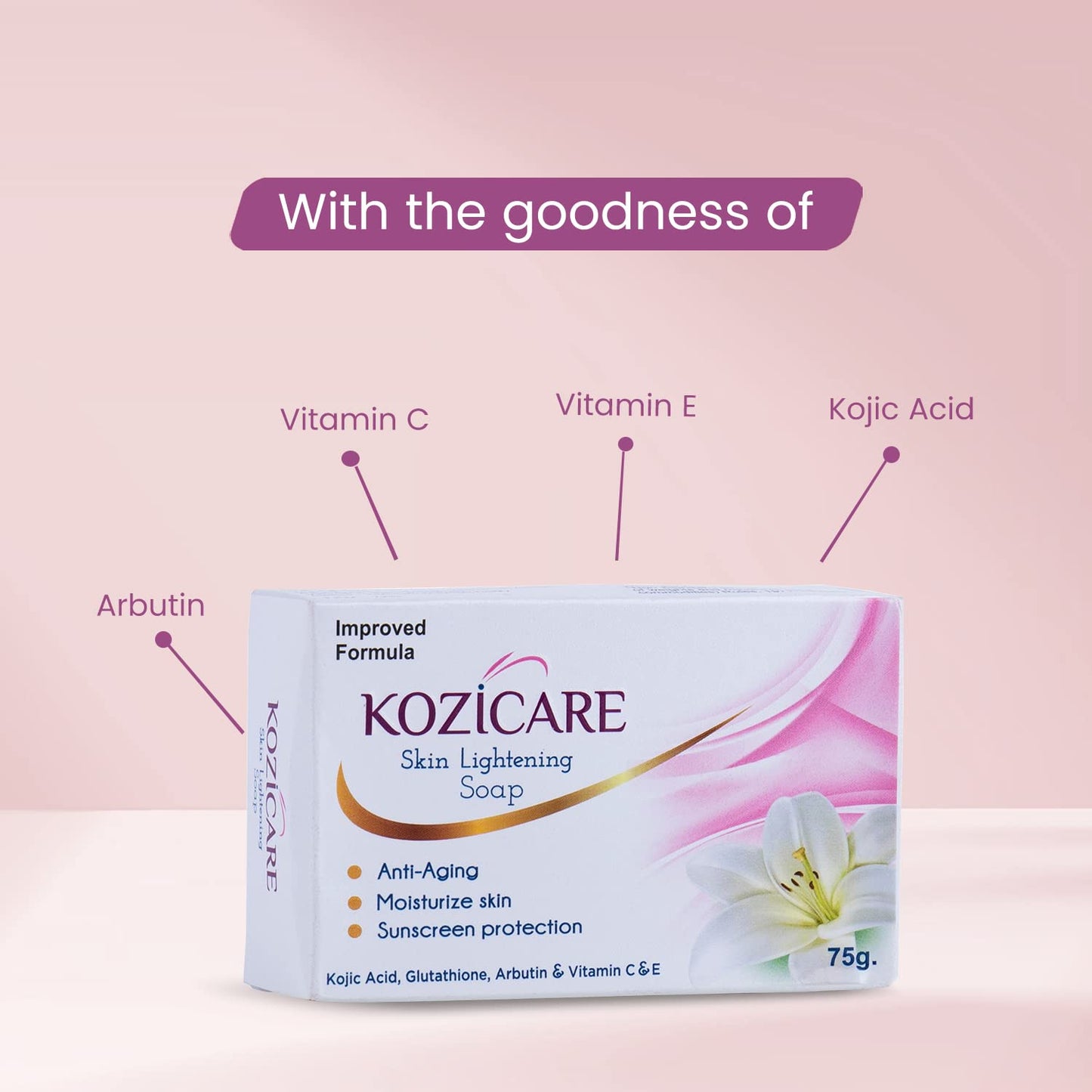Kozicare Skin Lightening Soap 75g Pack of 3 with Sunscreen, Kojic Acid, Arbutin, Vitamin C, Vitamin E, Glutathione.