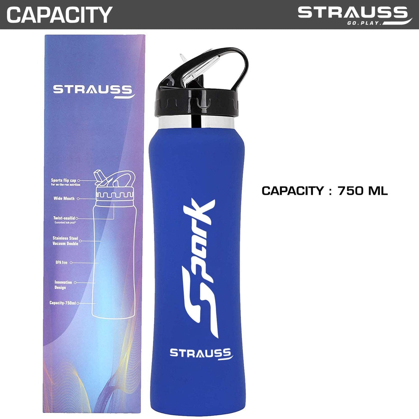 STRAUSS Spark Stainless-Steel Bottle Rubber Finish 750 ml Blue Pack of 2