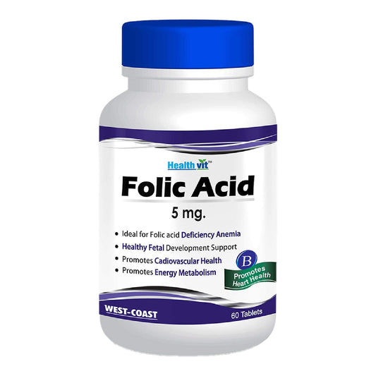 Healthvit Folic Acid 5mg: Supports heart health, anemia, energy metabolism, fetal development. Vegan, gluten-free, 60 tablets.