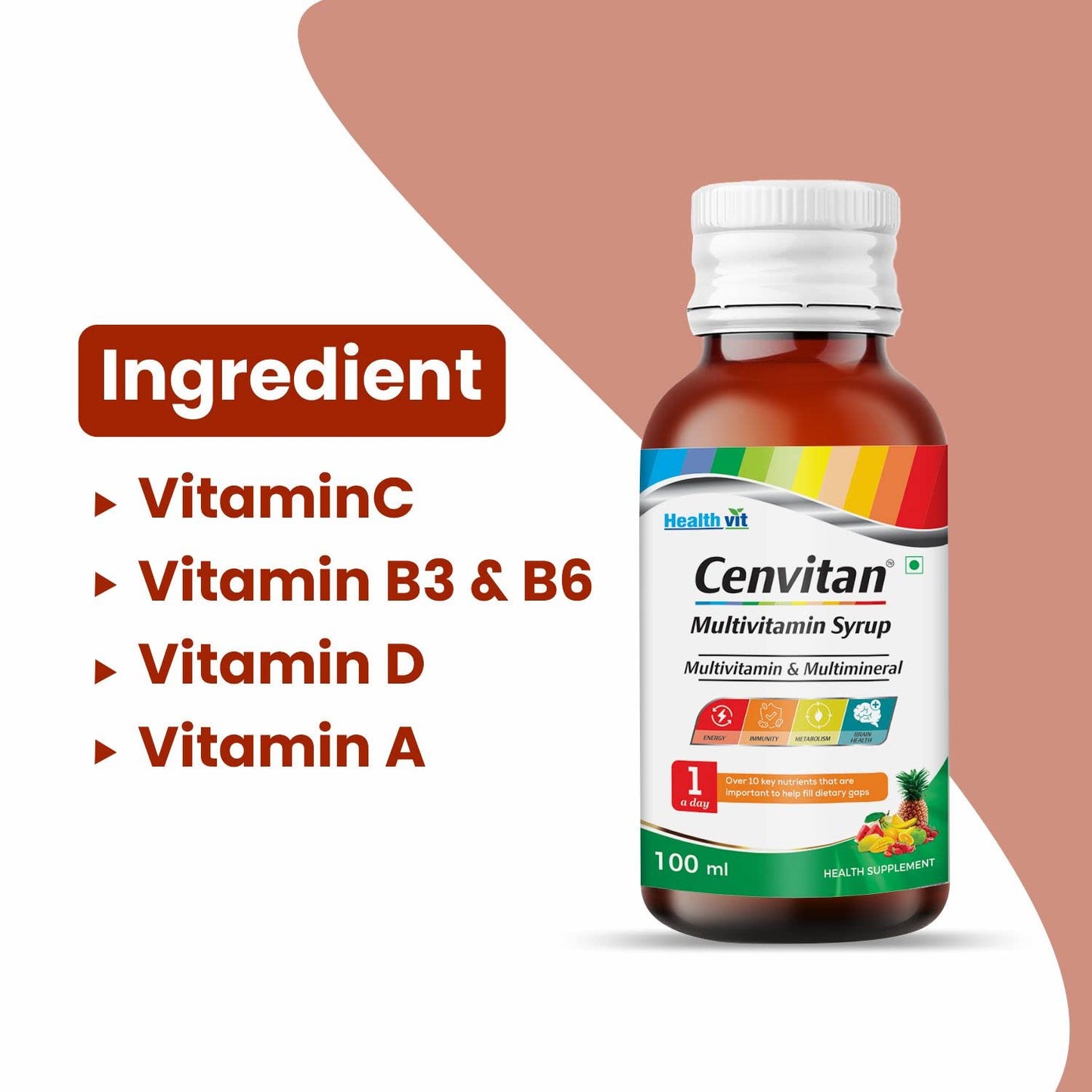 Healthvit Cenvitan Multivitamin Syrup for Men & Women, Immunity Booster with Vitamin C, E, D, 100ml.