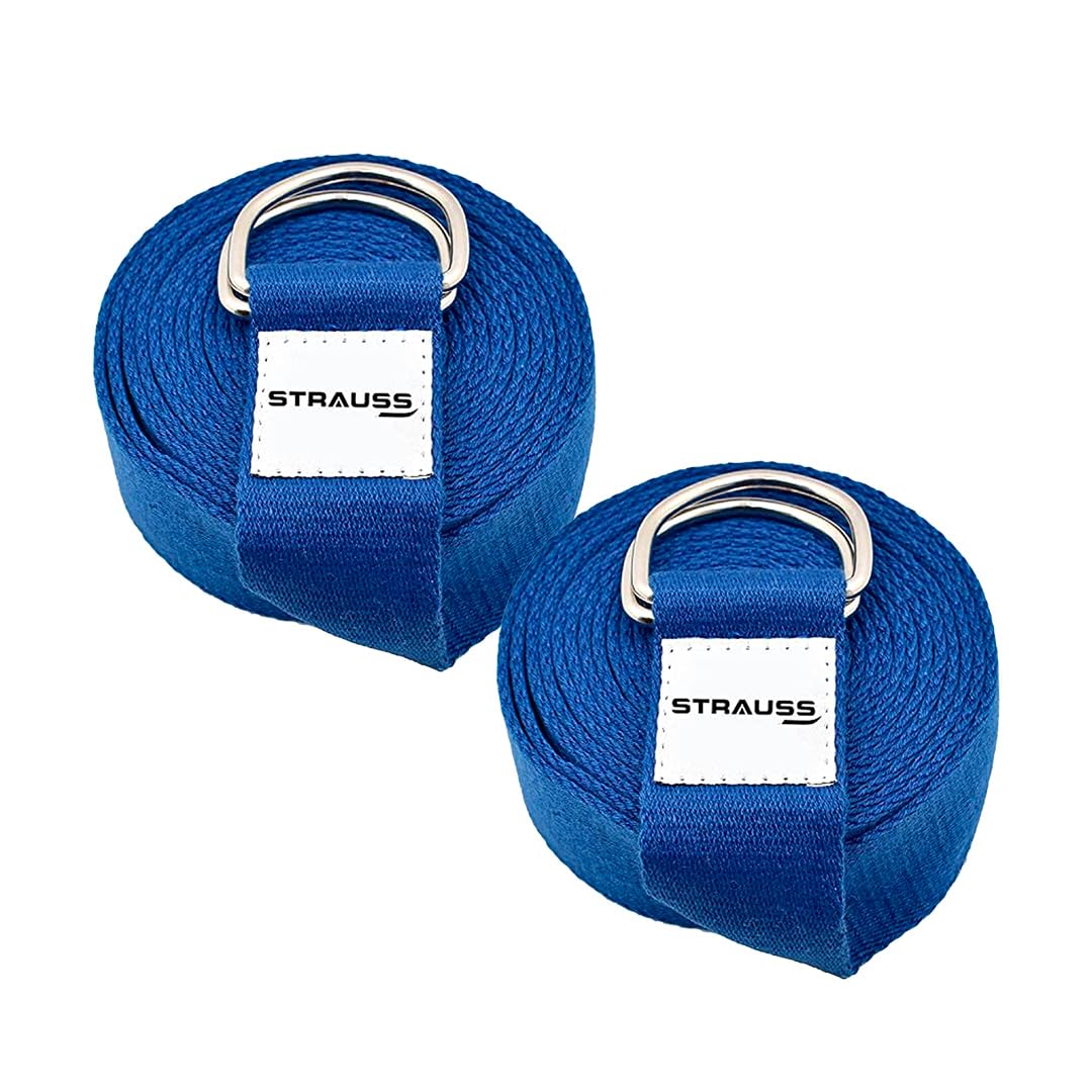 Strauss Yoga Strap, 8ft, Blue, Pack of 2. Ideal for Yoga, Pilates, Therapy, Dance, Gymnastics. Thicker belt with adjustable metal D-ring buckle.