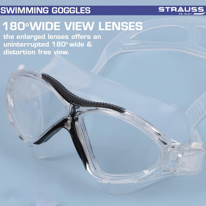 STRAUSS Swimming Goggles  Anti Fog  UV Protection  Swimming Goggles for Kids Adults  Fully Adjustable Swimming Goggles with A Case CoverBlack