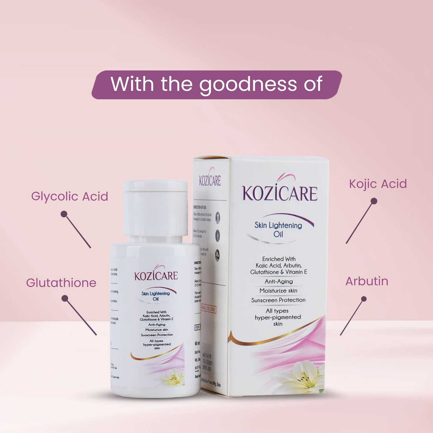 Kozicare Skin Lightening Oil with Kojic Acid & Glutathione, reduces hyperpigmentation, provides younger skin - 60ml, Pack of 3.