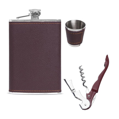 Yellow Chimes Exquisite Men Gifiting Set Hip Flask Gift Set Cork Opener with Brown Leather CoverHip Flask for Liquor for Men in a Gift Box