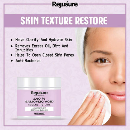 Rejusure Salicylic Acid Cleansing Pads - Acne Cleansing  Minimizes Dirt  Excess Oil  Skin care  Men  Women - 50 Pads