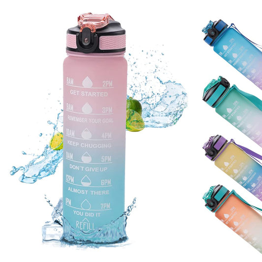 Urbane Home Motivational Water Bottle with Time Marker  Sipper Water Bottle for Kids  Adults with Straw  For Gym Home Office  School  Pink Blue -1 L
