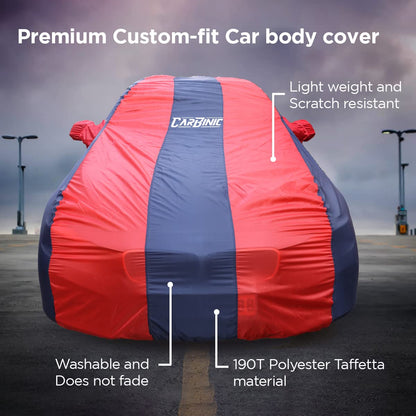 CARBINIC Car Body Cover for Maruti Brezza 2022: Water Resistant, UV Protection, Scratchproof, Dustproof, All-Weather, Blue Red.