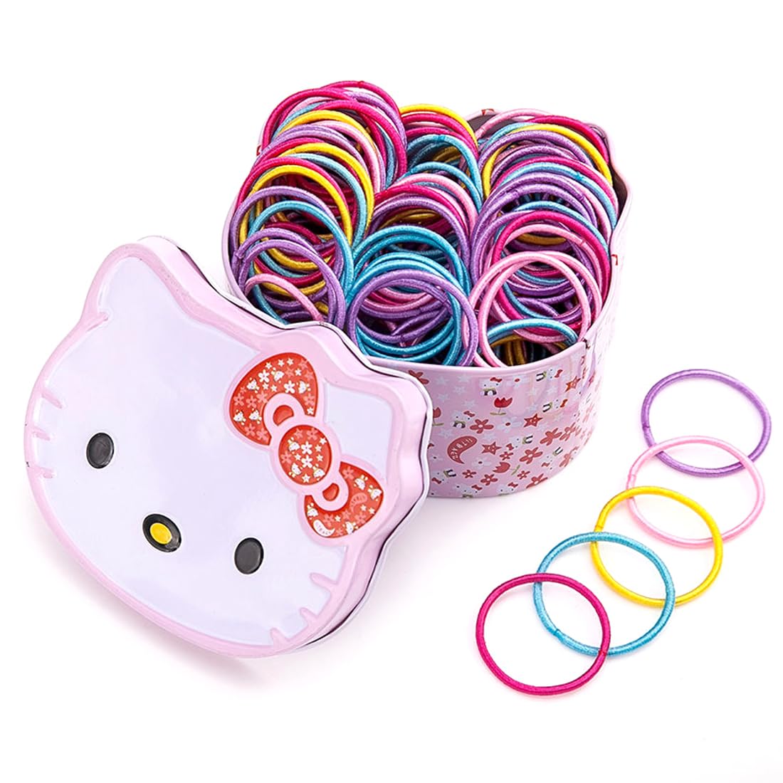 Melbees by Yellow Chimes Hair Rubber Bands for Girls, Set of 100 Multicolor Soft Stretchy Ponytail Holders with Kitty Tin Storage Box.