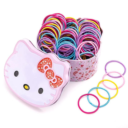 Melbees by Yellow Chimes Hair Rubber Bands for Girls, Set of 100 Multicolor Soft Stretchy Ponytail Holders with Kitty Tin Storage Box.