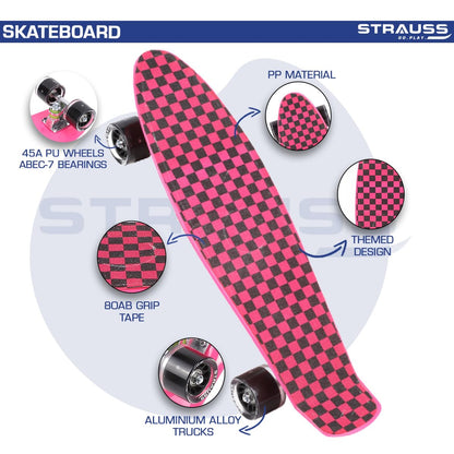 STRAUSS Cruiser Skateboard, Anti-Skid, High Precision Bearings, Light-Up Wheels, Ideal for All Skill Levels, Checkered Pink