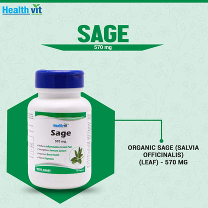 Healthvit Sage 570mg: Improves bone health, reduces inflammation/joint pain, strengthens immune system, supports brain/memory, 60 vegan capsules.