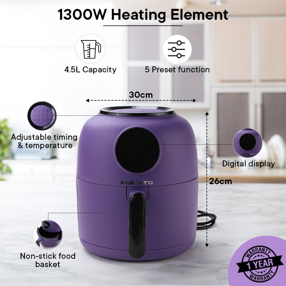 The Better Home FUMATO Aerochef Air fryer With Digital Touchscreen Panel 4.5L Purple  Stainless Steel Water Bottle 1 Litre Purple