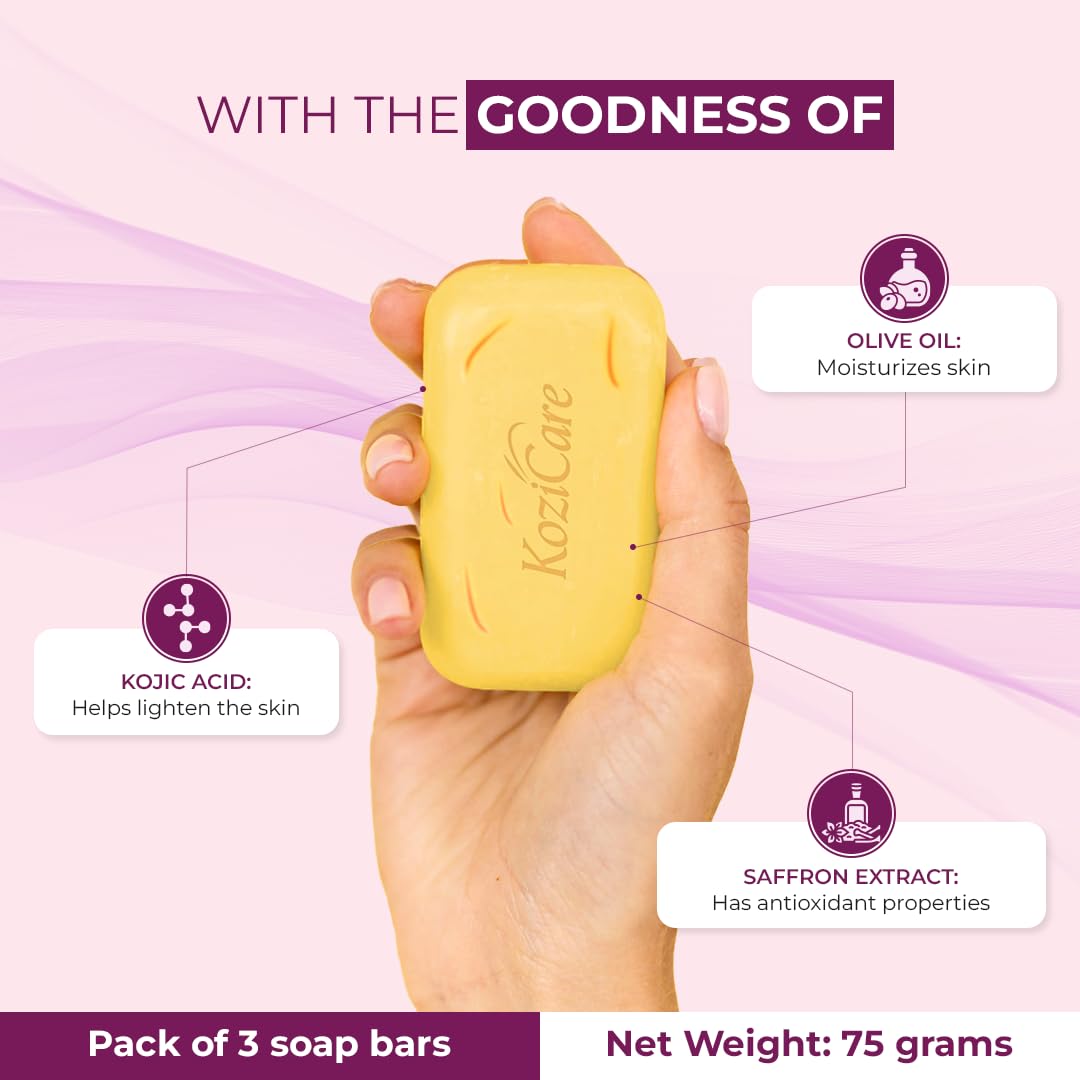 Kozicare Saffron Soap: Skin Brightening, Dark Spot Remover, Saffron, Olive Oil, Kojic Acid, Smooth Acne Scars, Uneven Skin Tone - 75gm Pack of 3