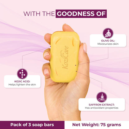 Kozicare Saffron Soap: Skin Brightening, Dark Spot Remover, Saffron, Olive Oil, Kojic Acid, Smooth Acne Scars, Uneven Skin Tone - 75gm Pack of 3