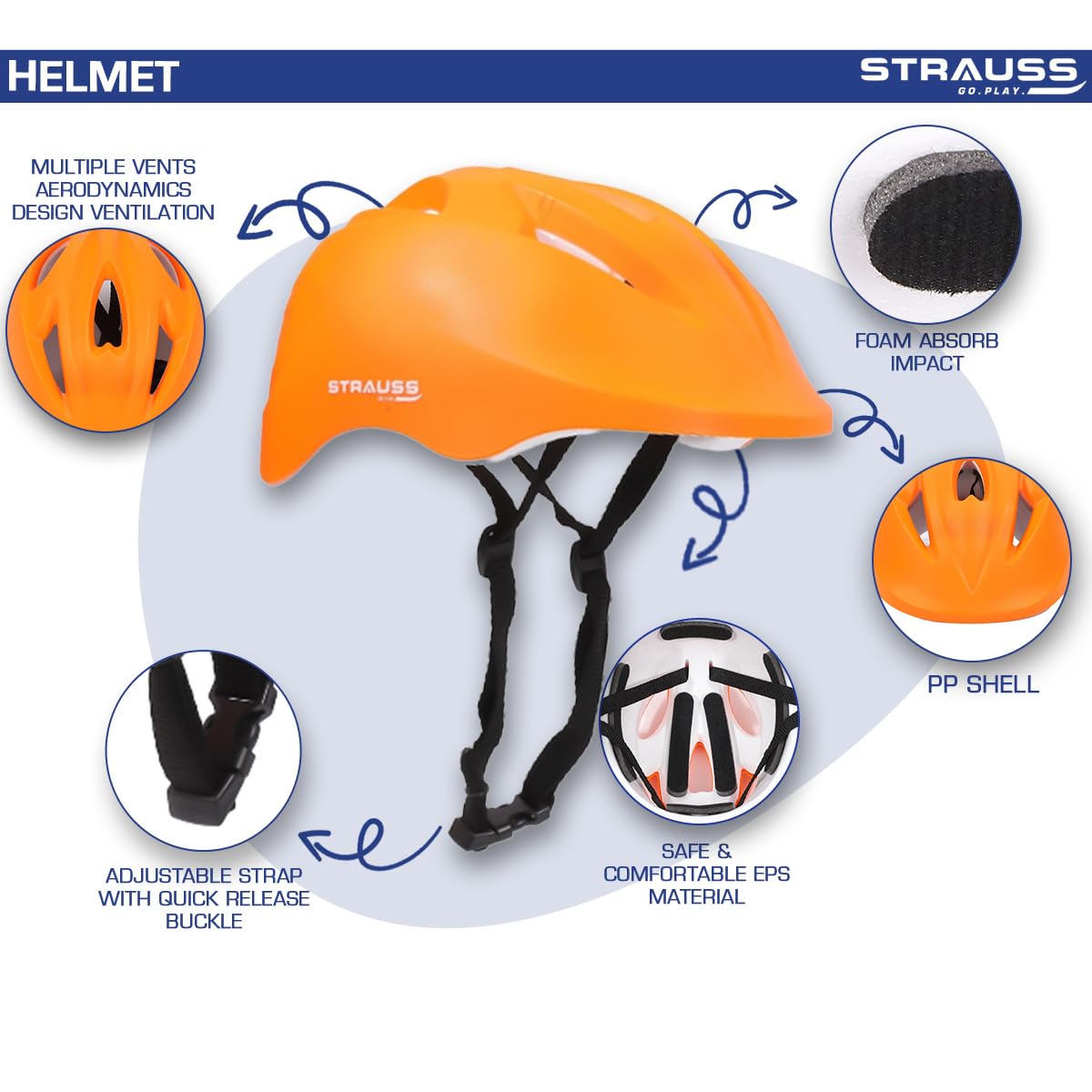 Strauss GlideX Cycling Helmet, Lightweight, Superior Ventilation, EPS Foam Lining, for Adults & Kids, Orange.