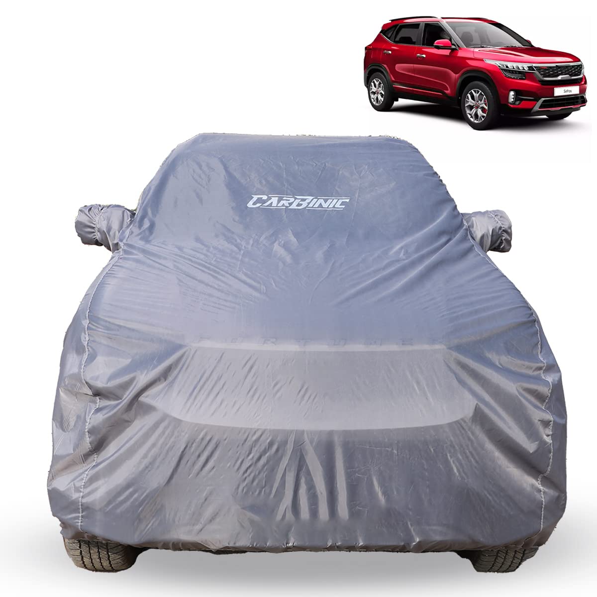 CARBINIC Car Body Cover for KIA Seltos 2019: Water Resistant, UV Protection, Scratchproof, Dustproof, All-Weather, Mirror Pocket, Antenna, Grey