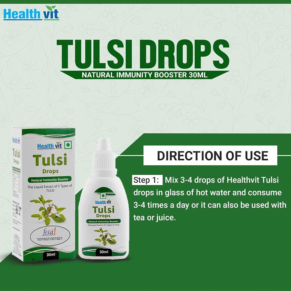 Healthvit Tulsi Drops - Concentrated Extract of 5 Rare Tulsi for Natural Immunity Boosting Anti-Oxidant Effect Oral Health Digestion Cough and Cold Relief - 30ml