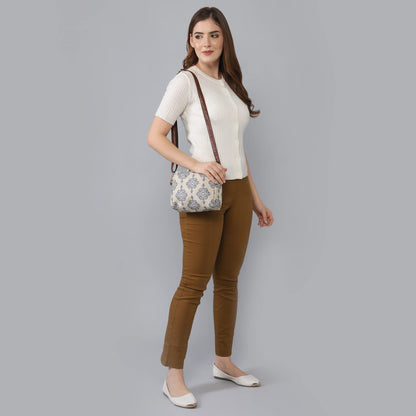 THE CLOWNFISH Isla Printed Handicraft Fabric Crossbody Sling Bag for Women with Adjustable Strap, Off White