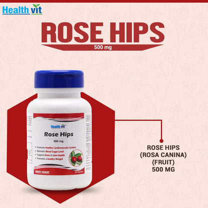 Healthvit Rose Hips 500mg: Healthy bones, joints, weight, blood sugar, cardiovascular system. 100% natural, vegan. 60 capsules.