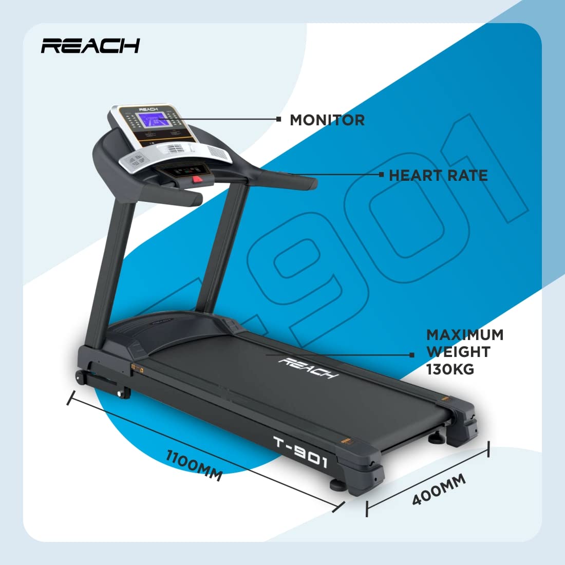 Reach T-901 Treadmill: 7 HP Motor, Auto Incline, LCD Display, 24 Preset Programs, 24 km/h, Max User Weight 130 kg.