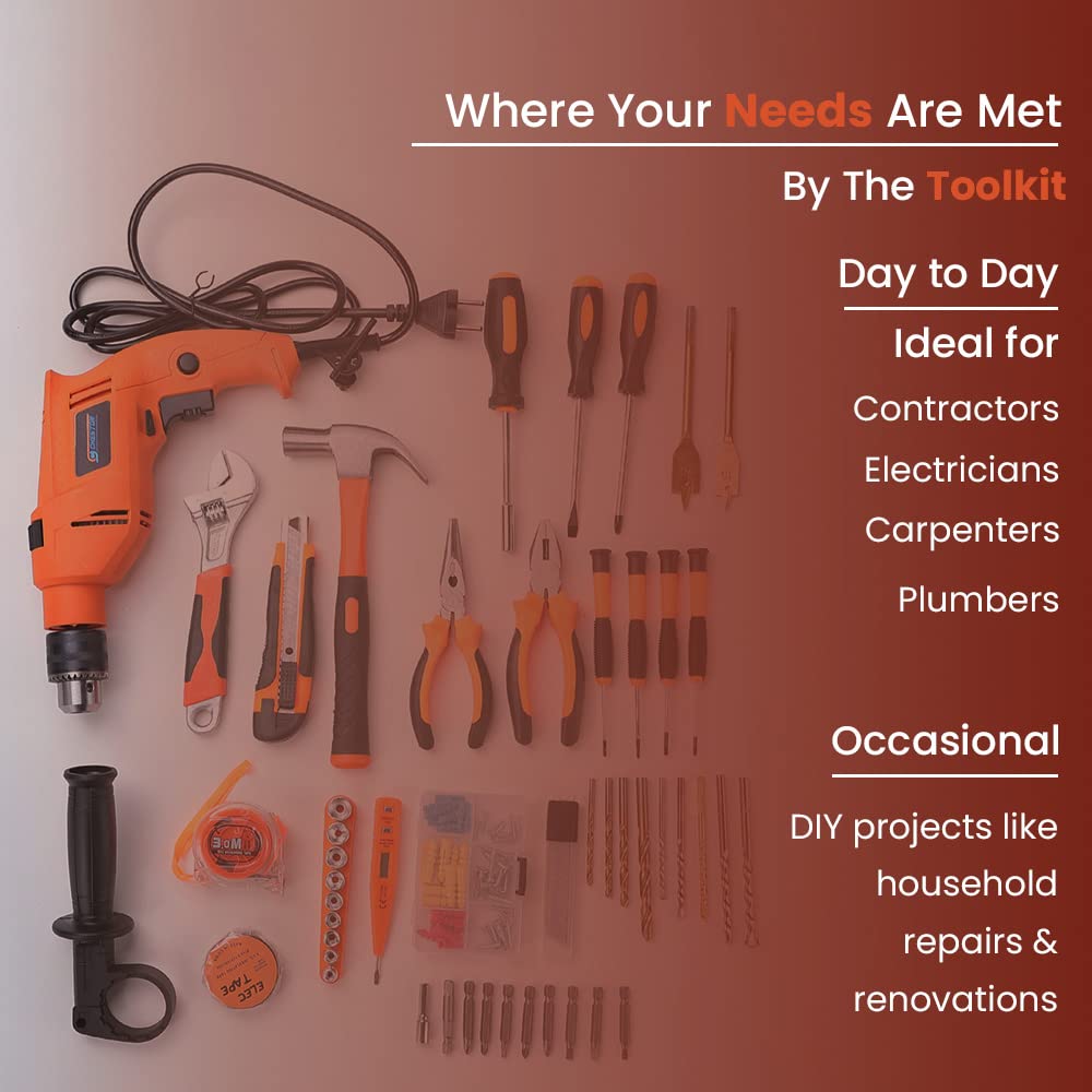 Cheston 13mm 600W Impact Drill Kit with 47 Tools: Screwdriver, Hammer, Wrench, Plier, Cutter, Spirit Level, Tape.