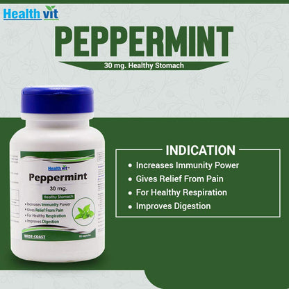 Healthvit Peppermint 30mg, 60 Capsules: Stomach cleanser, immunity booster, pain relief, aids migraine & digestion.