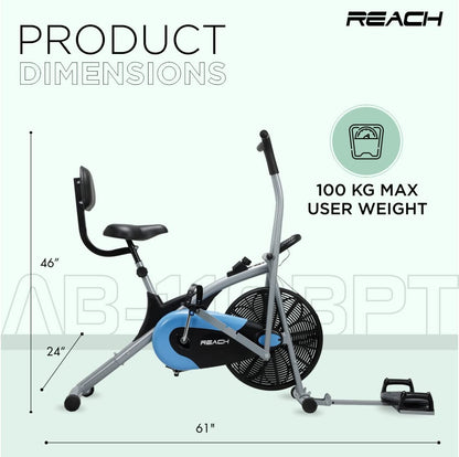 Reach AB-110 BPT Air Bike Exercise Cycle for Home Gym with Push Up Bar, Twister, Adjustable Resistance, Seat with Back Support, Moving Handles