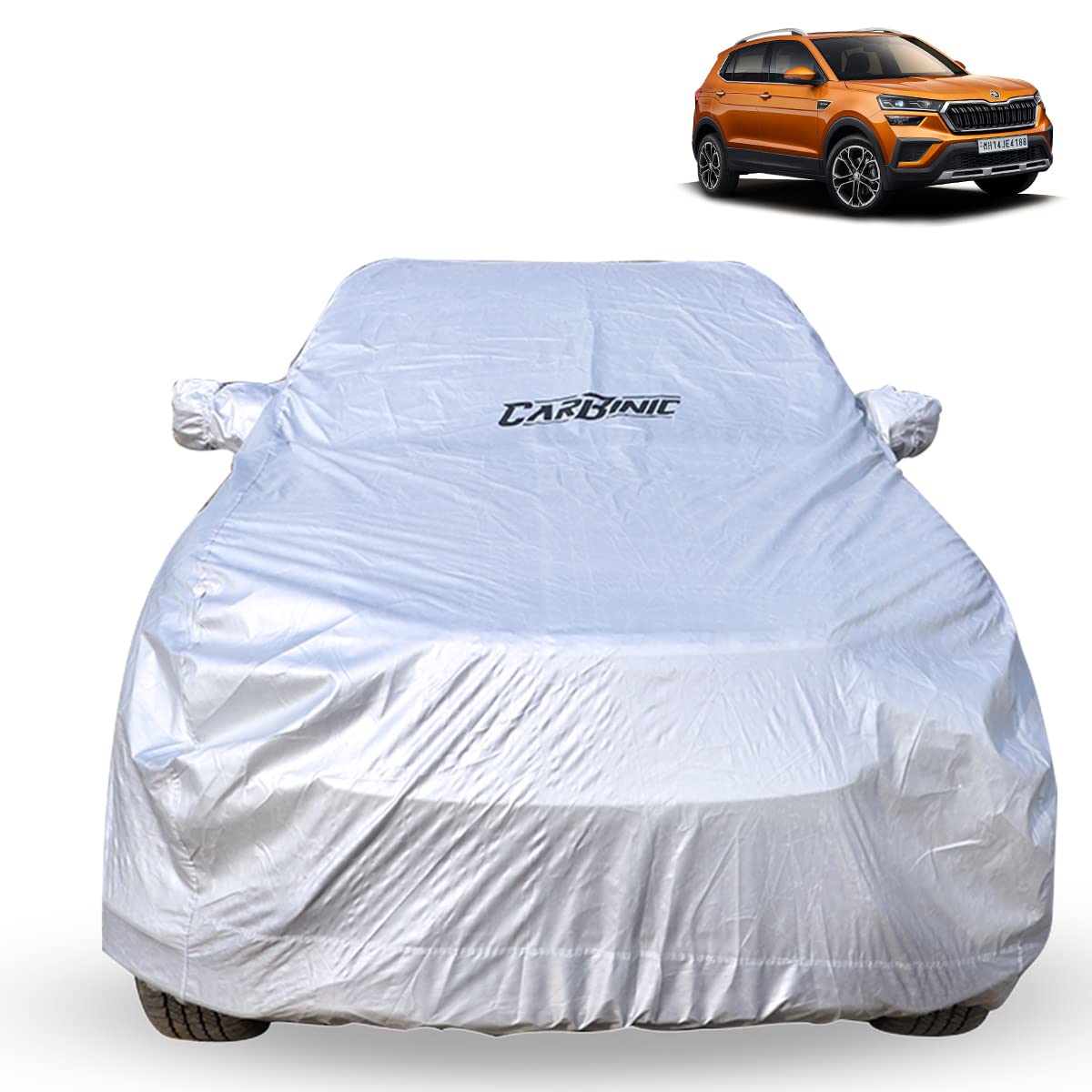 CARBINIC Waterproof Car Body Cover for Skoda Kushaq 2021: Dustproof, UV Proof, Mirror Pockets, Antenna, Triple Stitched, Double Layered, Soft Cotton Lining.