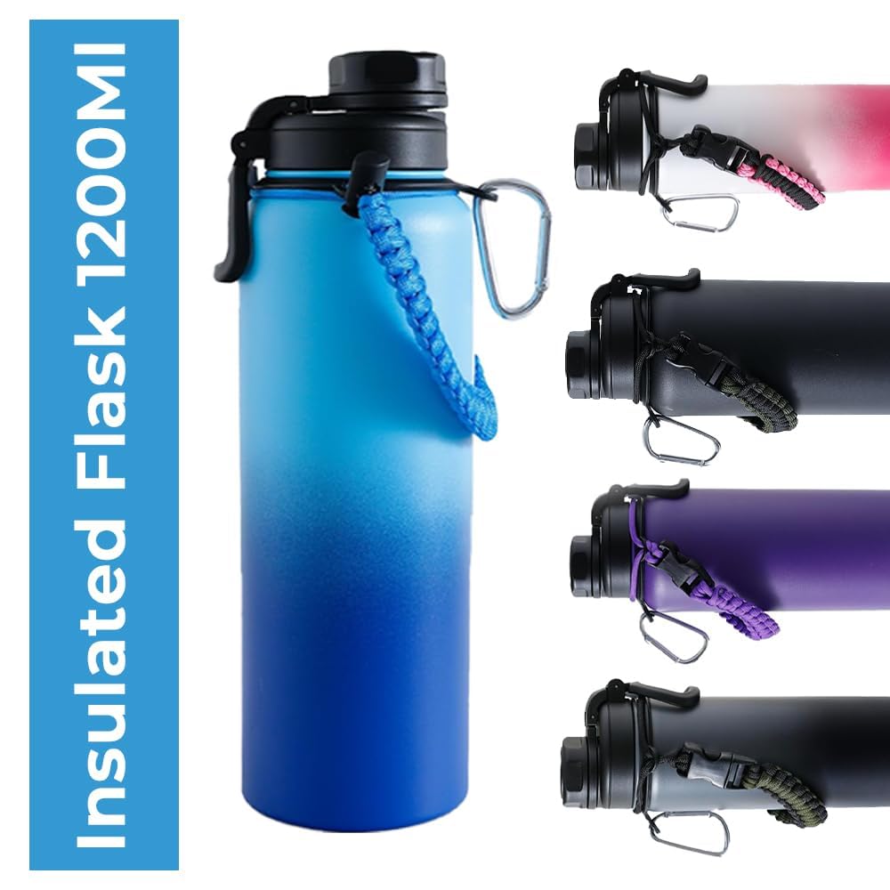 The Better Home 1200ml Stainless Steel Insulated Water Bottle, 6-12 hrs hot/cold, attachable to bags, for school, office, travel. Blue-Aqua.