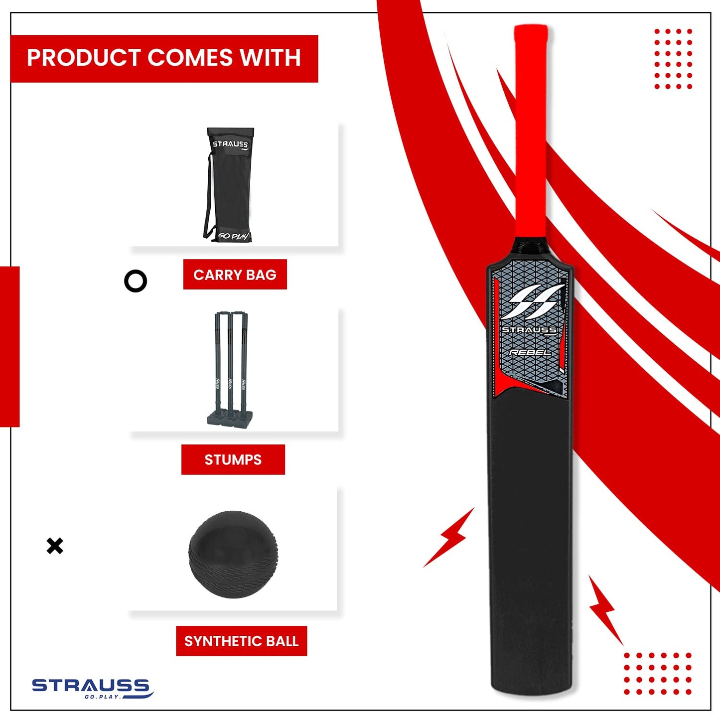 Strauss Cricket Combo Kit: Full Size, 1 Bat, 1 Ball, 3 Stumps, 2 Bails, 1 Base, Black, for All Ages, Tennis/Synthetic Ball.