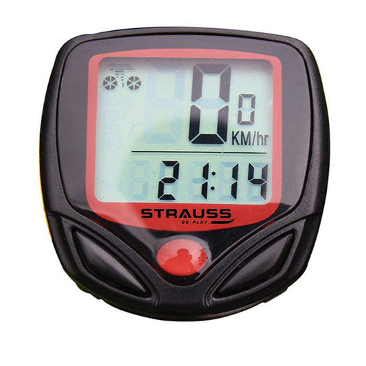 Strauss Bicycle Computer: Waterproof LCD, Lightweight, Multi-Function, Auto Sleep/Wake, Speed Monitor, Easy Install, Red/Black.