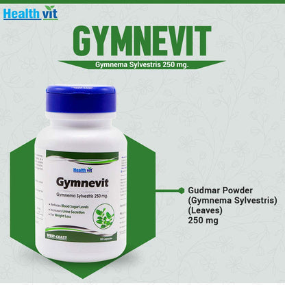 Healthvit Gymnevit Gymnema Sylvestris 250mg for Blood Sugar & Weight Management, Enhances Urine Secretion, Vegan Herbal Supplement, 60 Capsules