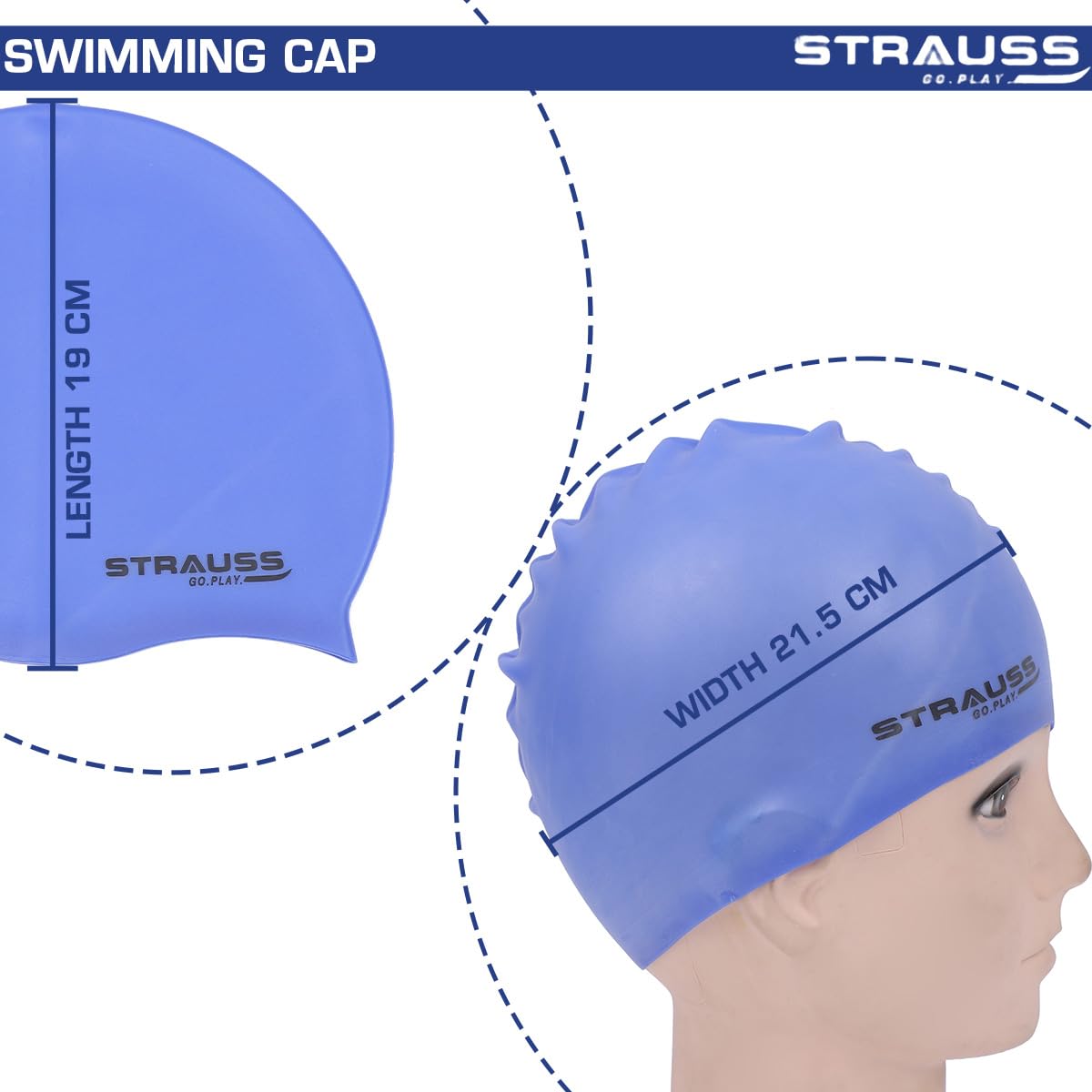 Strauss Waterproof Swim Cap with Ear Protector for Long/Short Hair, Breathable Fabric, for Adult Women and Men, Blue.