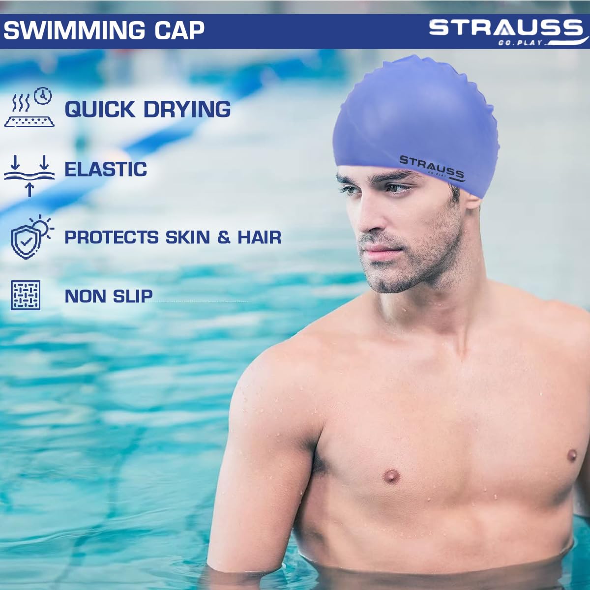 Strauss Waterproof Swim Cap with Ear Protector for Long/Short Hair, Breathable Fabric, for Adult Women and Men, Blue.