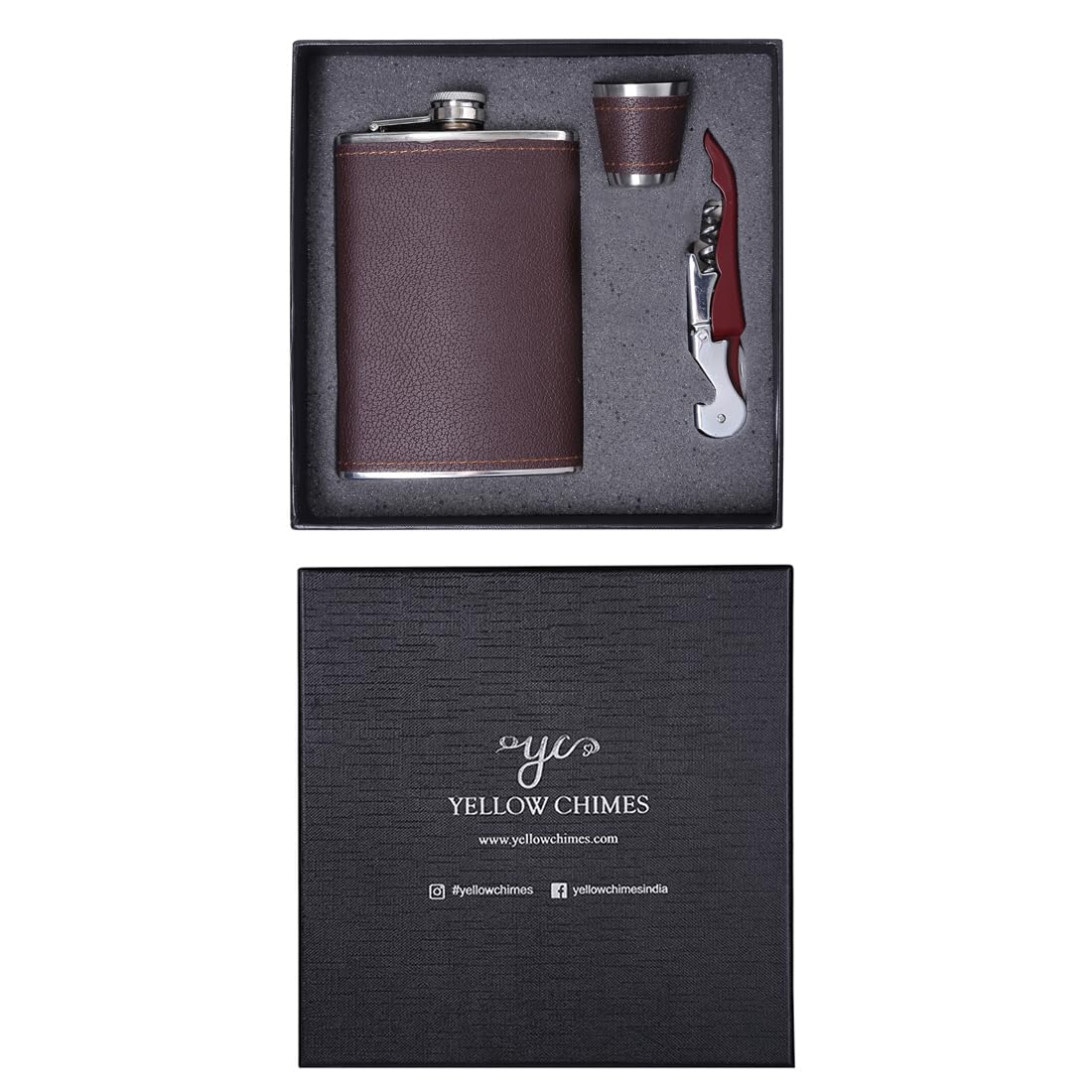 Yellow Chimes Exquisite Men Gifiting Set Hip Flask Gift Set Cork Opener with Brown Leather CoverHip Flask for Liquor for Men in a Gift Box