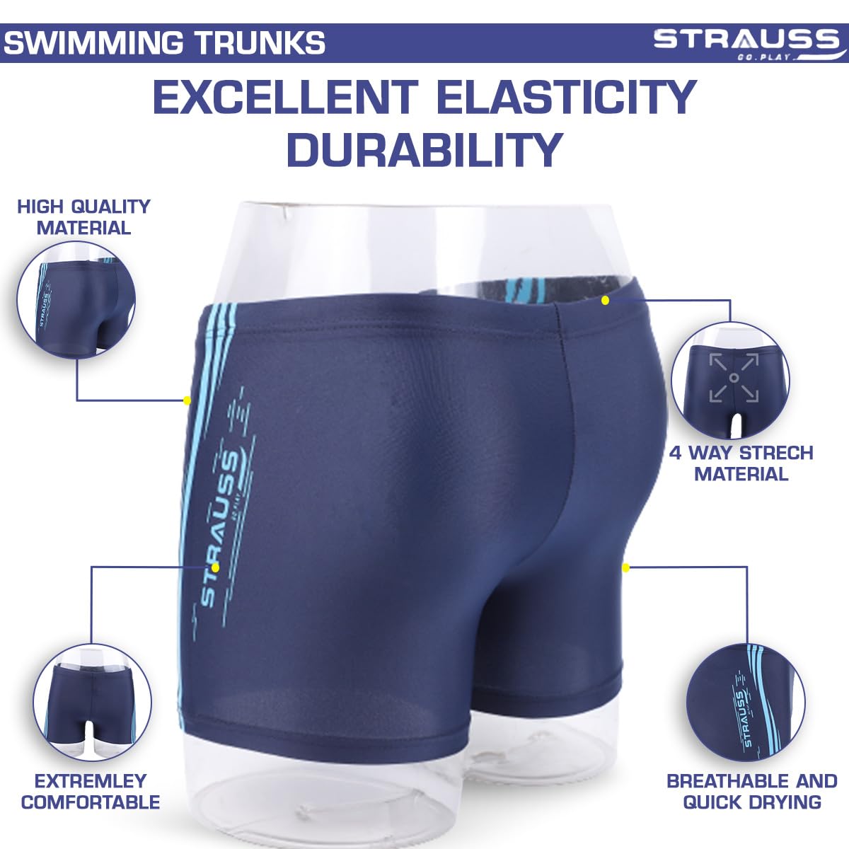 STRAUSS Swimming Shorts  Swimming Trunks for Men  Boys  Easily Adjustable Breathable  Quick Drying Shorts  Size M Blue