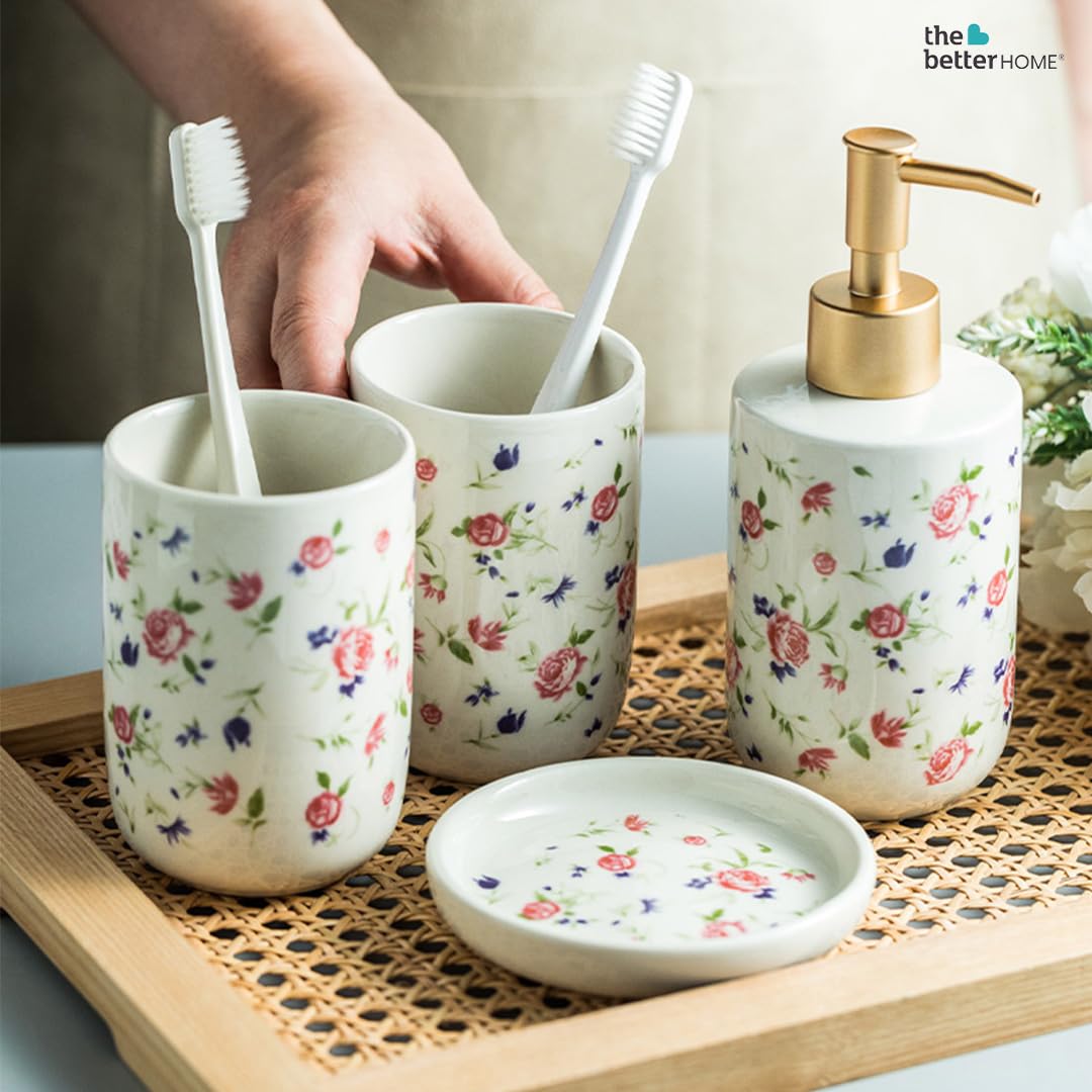 The Better Home Ceramic 4 Pc Bathroom Set: Soap Dispenser, Toothbrush Holder, Soap Holder, Tumbler, White.