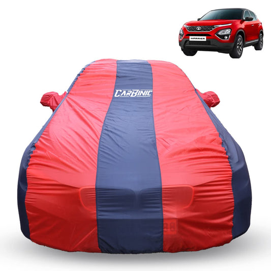 CARBINIC Car Body Cover for Tata Harrier 2019: Water Resistant, UV Protection, Scratchproof, Dustproof, All-Weather, Mirror Pocket, Antenna, Blue Red