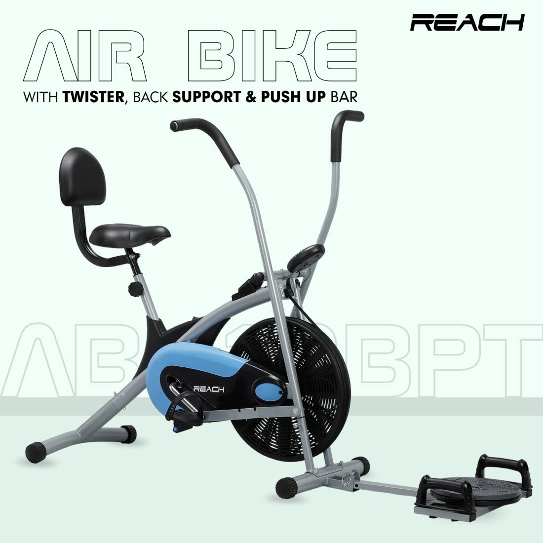 Reach AB-110 BPT Air Bike Exercise Cycle for Home Gym with Push Up Bar, Twister, Adjustable Resistance, Seat with Back Support, Moving Handles